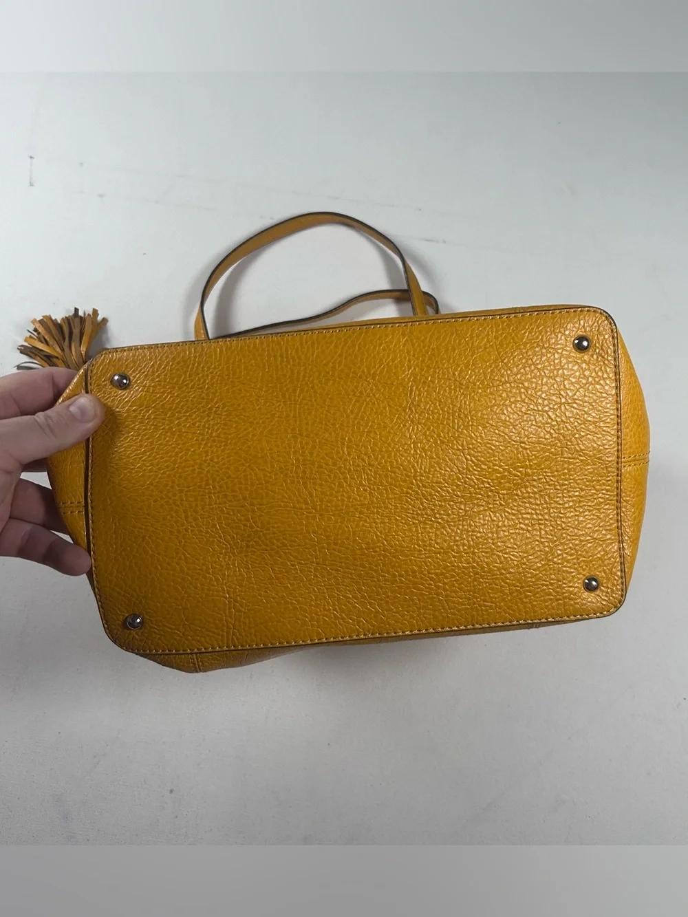 Lauren Ralph Lauren Leather Satchel Pebbled Tassel Charm Mustard Yellow Bag